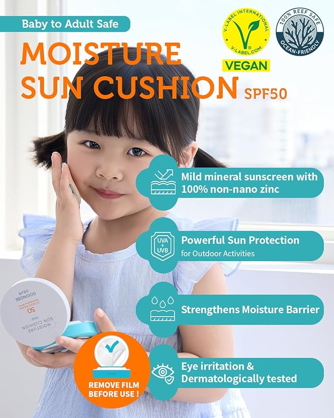 GOONGBE Moisture Sun Cushion Mild SPF 50 - Korean Moisturizing & Soothing Zinc Oxide Mineral Sunscreen - Travel Friendly Sun Cushion for Babies & Kids - Vegan, Reef-Safe, Allergen-Free, 0.81oz.