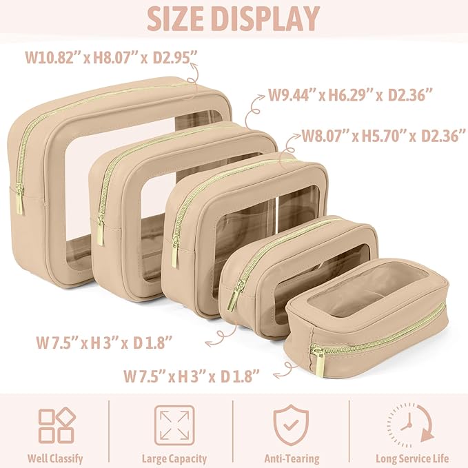 5PCS Clear Toiletry Bag,TSA Approved Travel Makeup Pouch with Zipper for Cosmetics and Toiletries，Diaper Bag Organizer Pouch Set，Women's Purse Organizer and Clear Car Bag