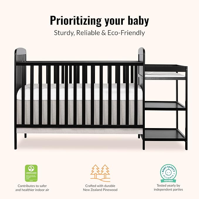 Dream On Me Anna 3-in-1 Convertible Full-Size Baby Crib & Changer with Storage in Black, GreenGuard Gold & JPMA, Pinewood, Converts to Day & Toddler Bed, 3 Mattress Heights, 1″ Changing Pad