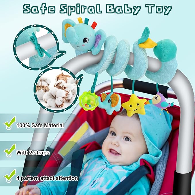 FPVERA Spiral Car Seat Activity Toy, Stroller Arch Baby Crib Hanging Toy with Rattle, Squeaky, Ringing Bell for Bassinet, Stroller, Crib for Infant Newborn Boy Girl Ages 0-12 Months