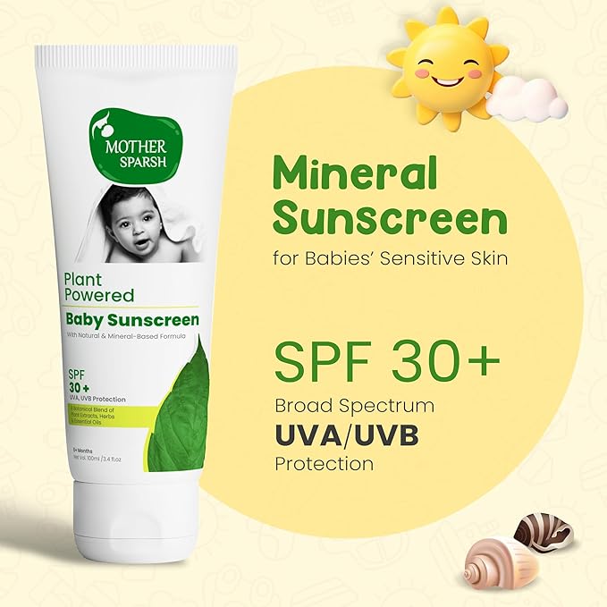 Mother Sparsh Natural Baby Sunscreen Lotion with Organic Ingredients, SPF 30+, Plant derived 95% Bio Based Ingredients - UVA/UVB Protection, 100ml