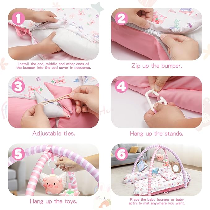 Pink Baby Play Mat, 7-in-1 Infant Gym Mat for Sensory and Motor Development, Washable & Portable Newborn Tummy Time Activity Mat for Home & Travel, Babies Gift for 0-3-6-9-12-18 Months