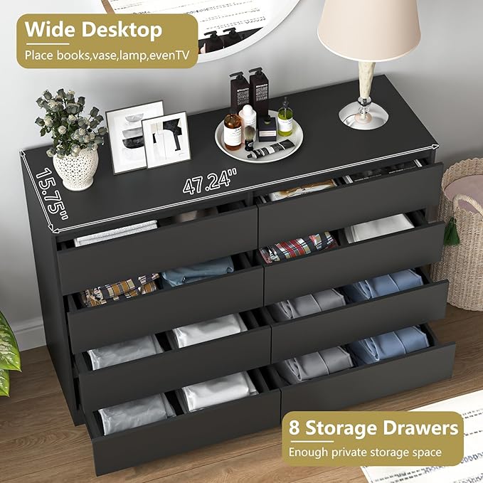 Black 8 Drawer Dresser for Bedroom,Modern Large Dresser with Deep Drawer,Wide Storage Chest of Drawer, Bedroom Storage Furniture Drawers for Living Room