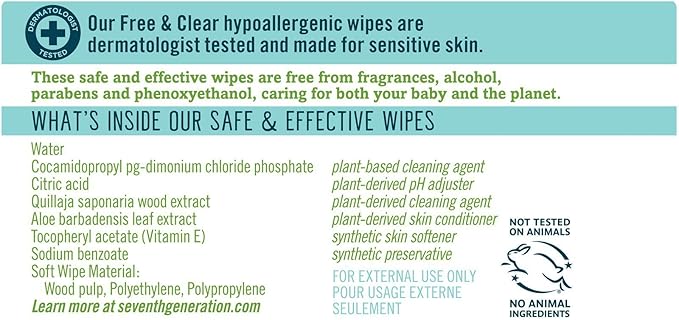 Seventh Generation Baby Wipes, Free & Clear Unscented and Sensitive, 30 count Travel Pack
