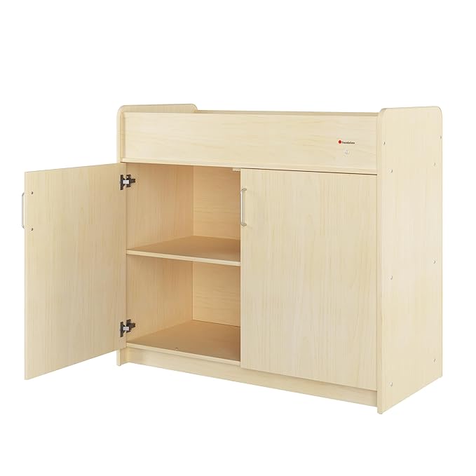Foundations SafeSwing Daycare Changing Table, Formerly SafetyCraft - Durable Wood Cabinet with 2 Built-in Shelves - Storage w/Soft Close Hinges, Includes Durable Mattress Pad, Natural