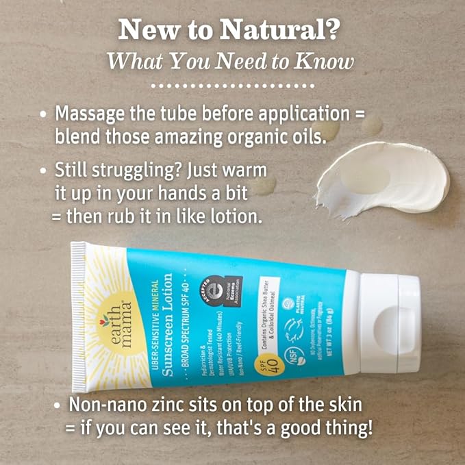 Earth Mama Uber-Sensitive Mineral Sunscreen Lotion SPF 40 | Non-Nano Zinc, Contains Organic Colloidal Oatmeal | Steroid-Free Eczema Cream for Baby, Kid & Family, 3-Ounce
