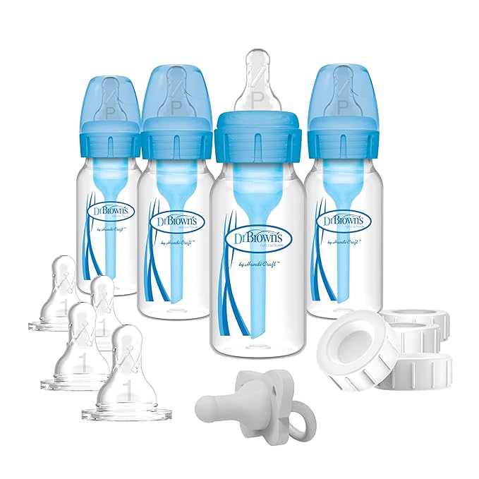 Dr. Brown's Natural Flow Anti-Colic Options+ Narrow Breast to Bottle Pump & Store Feeding Set with Slow Flow Nipples, Baby Travel Caps and 100% Silicone HappyPaci One-Piece Pacifier, Blue (Pack of 12)