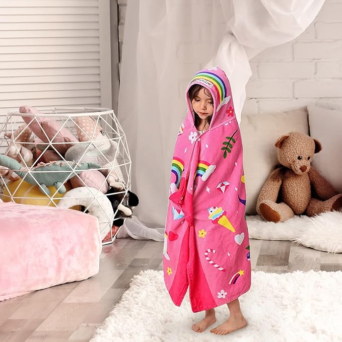 VOOVA & MOVAS Hooded Towels for Kids 3-8 Years, 30''X50, Soft Thick Cotton | Absorbent Beach, Bath, Pool Swim Towels | Cover up for Girls | Pink Floral Unicorn