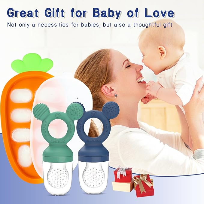 Baby Fruit Feeder Set – 3-Size Silicone Teether with Ice Cube Tray | Leakproof Self-Feeder for 3-24 Months | BPA-Free, Dishwasher Safe | Baby-Led Weaning Essential (Green Blue)