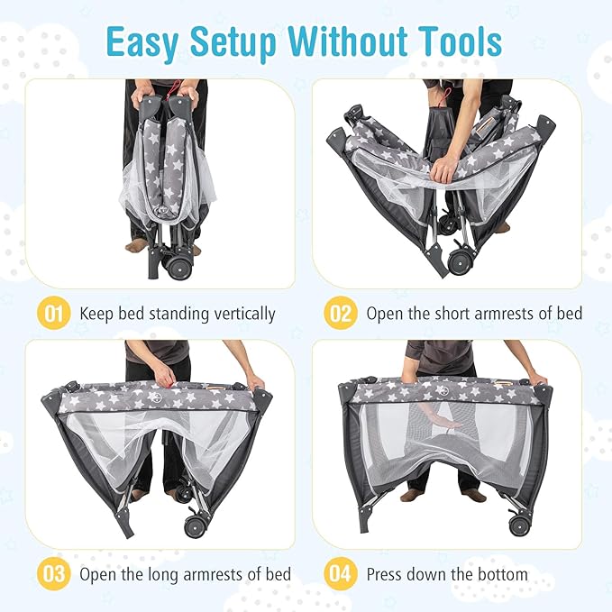 BABY JOY 4 in 1 Pack and Play, Portable Baby Playard with Bassinet, Adjustable Canopy, Changing Table, Lockable Wheels, Glowing Music Box, Travel Baby Crib Bassinet Bed from Newborn to Toddler