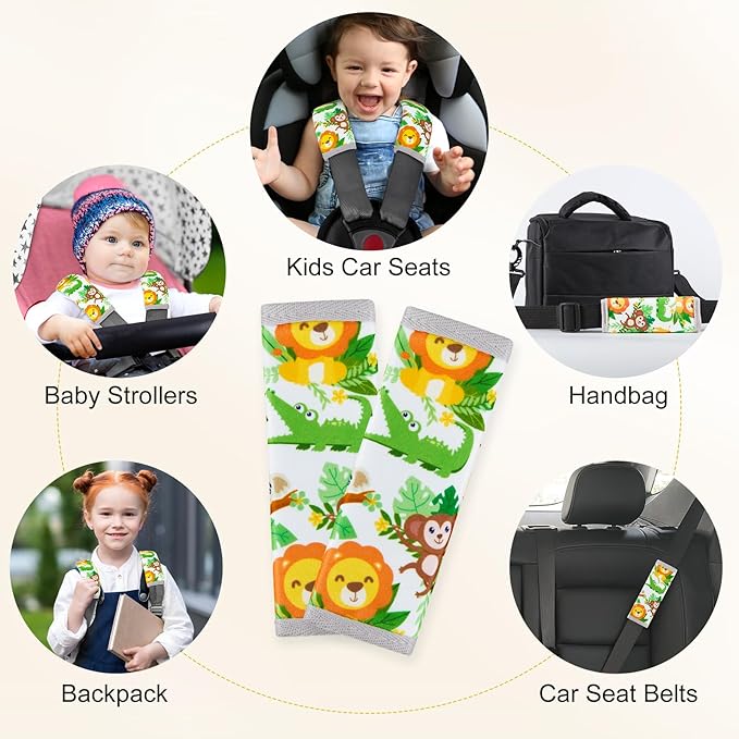 Seat Belt Cover Pad for Baby, Soft Seatbelt Cushion Covers for Kids 2Pcs Car Seat Strap Shoulder Pads for All Car Seats, Stroller, High Chair,Green Zoo