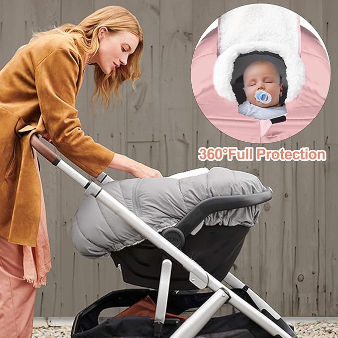 Winter Baby Car Seat Cover, Infant Carrier Cover Cold Weather, Windproof Newborn Warm Carseat for Unisex Babies（Pink）