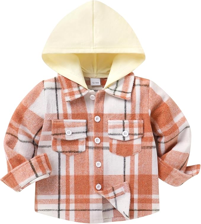 YOUNGER STAR Toddler Kids Boys Girls Flannel Hooded Plaid Shirt Button Baby Red Clothes