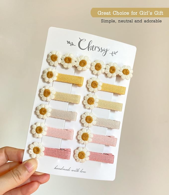 Cherssy 2" Daisy Flowers Hair Clips for Girls, 12 Pcs Cotton Fully Lined Alligator Clips, Non Slip Floral Baby Barrettes Hair Pins for Infant Toddler Kid School Girls' Gift