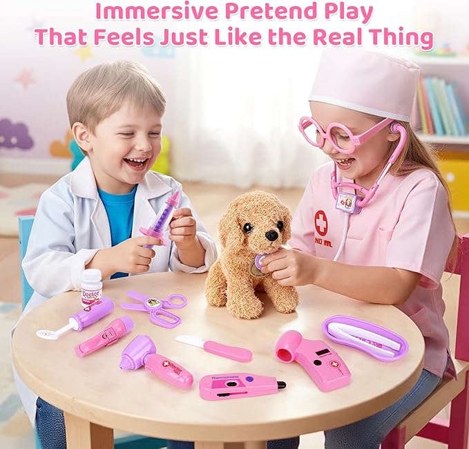 Meland Toy Doctor Kit for Girls, Pretend Play Toy Doctor Set with Dog , Carrying Bag, Stethoscope & Dress Up Costume Gift for Kids Toddlers Ages 3 4 5 6 Year Old for Role Play
