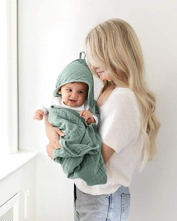 Hooded Baby Towels for Newborn, 35x35 Inch 2 Pack 100% Muslin Cotton Baby Bath Towel with Hood for Baby Toddler and Kids Baby Boy & Girl Towels, Dusty Pink+ Roman Green