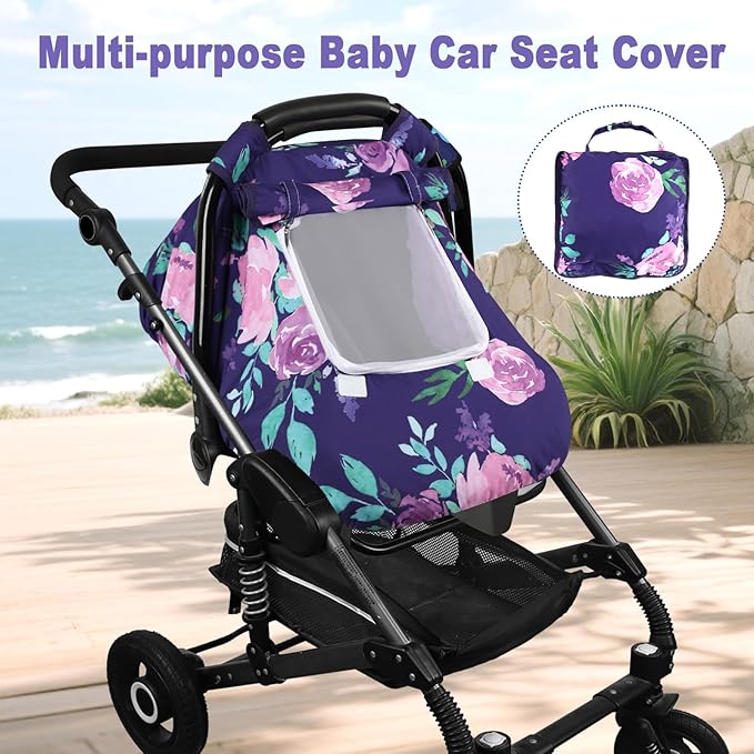 Windproof Baby Car Seat Cover, 3D Mink Dot Infant Car Seat Canopy with Breathable Mesh Window, Baby Carrier Cover for All Seasons, Easy Access Carseat Carrier Snug Fit Infant Stroller(Purple Flower)