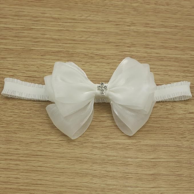 Off White Baptism Christening Pearlescent Organza Bow with Cross for Baby Girls (0-6 months,Off White headband-8)