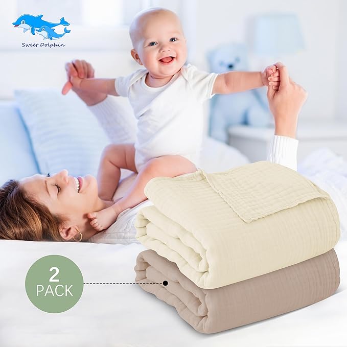 SWEET DOLPHIN Muslin Baby Bath Towels Blanket - 2 Pack 100% Cotton Towel for Babies, Infants, Toddlers - 40x40Inch - Highly Absorbent, Ivory and Brown
