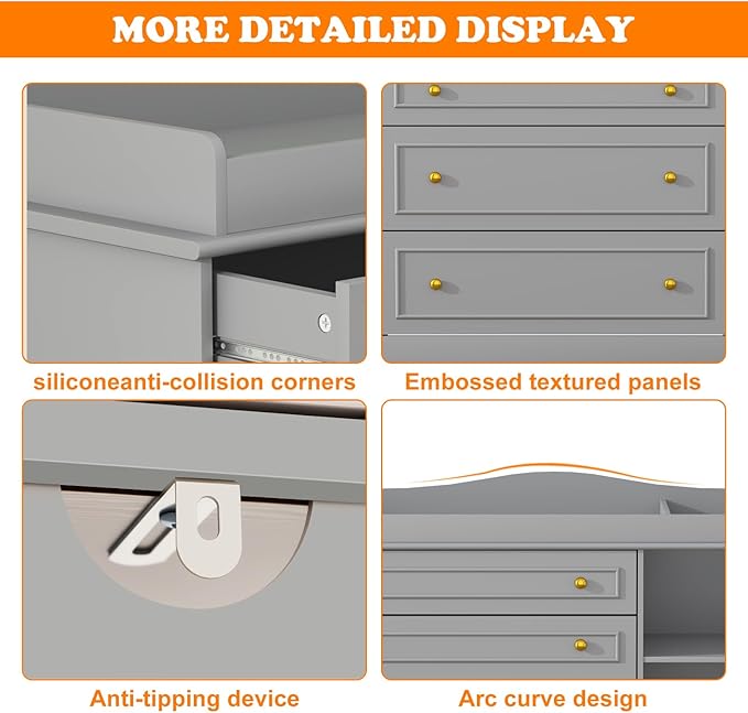 St.Mandyu Grey Changing Table Dresser, Baby Nursery Dresser, Baby Diaper Changing Table, 5 Drawers, Adjustable Shelves, Metal Handle, Curved Wrapping Design, Grey