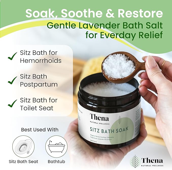 Best Organic Sitz Bath Soak Postpartum Care and Post Partum Essentials, Natural Hemorrhoid Treatment for Women & Moms with Epsom Dead Sea Salt Witch Hazel, Sitz Bath for Toilet, Thena