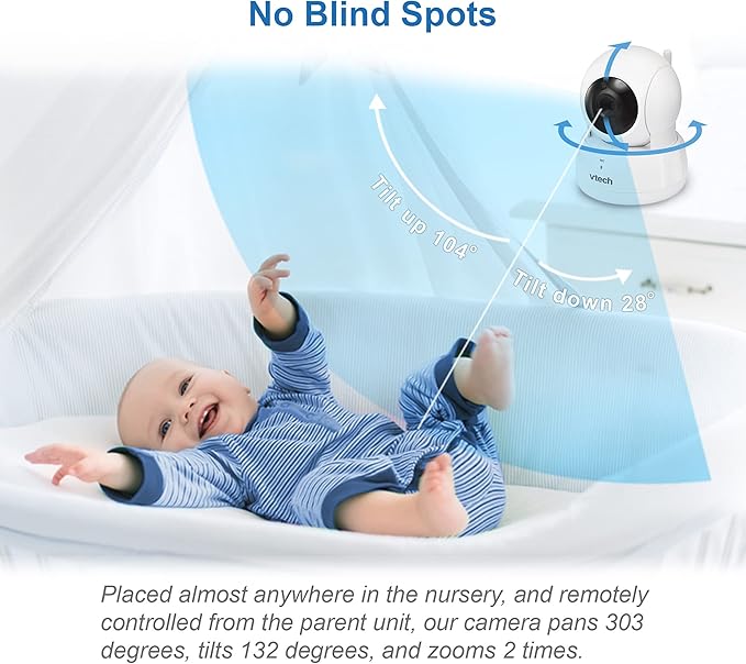 VTech VM923-2 Baby Monitor, 2.8”Screen, 1000ft Range, Pan-Tilt-Zoom, Night Vision, 2-Way Audio, Temperature Sensor, Lullabies, Secured Transmission No WiFi