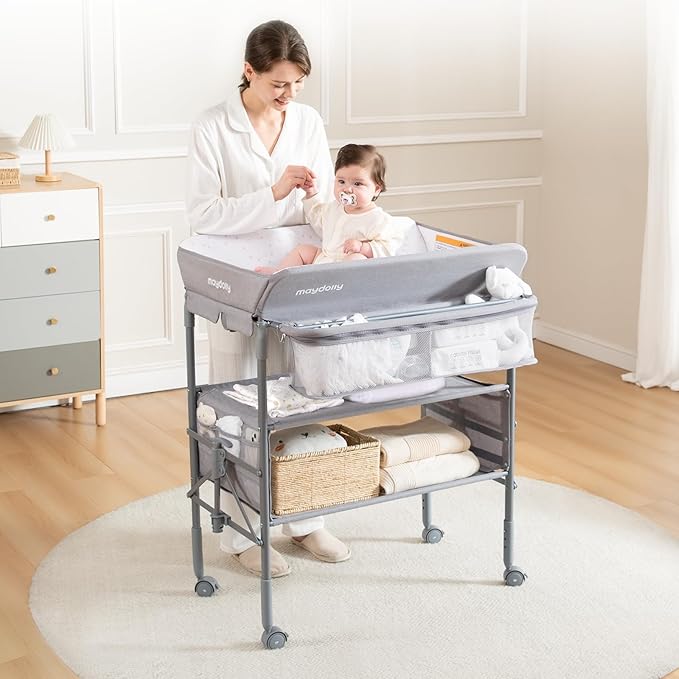 Maydolly Baby Changing Table, Portable Foldable Changing Table, Waterproof Diaper Changing Station, Adjustable Height Changing Station, Mobile Nursery for Newborn and Infant