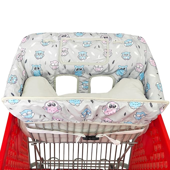 Love&go Soft Pillow Attached 2-in-1 Shopping Cart and High Chair Cover for Baby, Cotton Padded Cart Cover, Fold'n Roll Style, Portable with Carry Bag (Gray Owl)