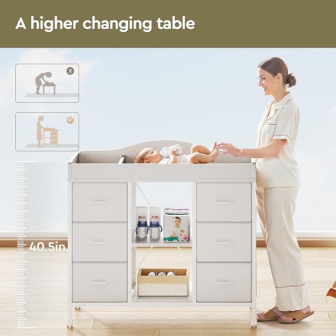 Changing Table, 6-Drawer Baby Dresser with Changing Table top, Waterproof Diaper Changing Station & Pad, 2 Height-Adjustable Open Storage Shelves, Mobile Nursery Organizer, White