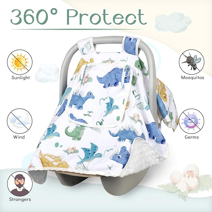 Baby Carseat Seat Cover Boys, Winter Carseat Canopy, Cozy & Warm Cover with Zipper Peep Windows, Infant Minky Carrier Cover, Soft Breathable, Baby Must Have, White Dinosaur