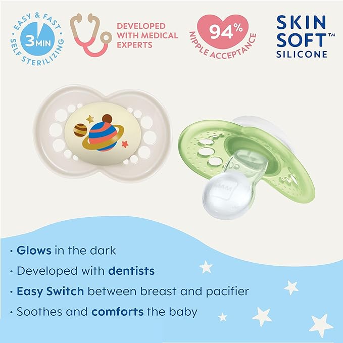 MAM Original Baby Pacifiers 6-16 Months, Binky for Newborn Babies, BPA-Free Skin Soft Silicone Nipple, Glows in The Dark, Developed with Medical Experts, 4 Count, Made in Europe