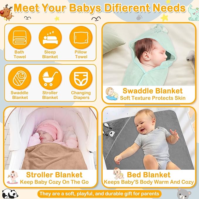 16 Pcs Baby Towels Set for Infants Toddlers, 4 Pcs Hooded Bath Towels, 4 Pcs Baby Bibs & 8 Pcs Washcloths Set, Absorbent Soft Newborn Gift for Boys & Girls-Elephants, Pandas, Bears & Moose