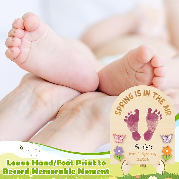 R HORSE 3D Baby's First Spring DIY Footprint or Handprint Art Sign, Spring is in The Air Wooden Hanging Decoration, Newborn Keepsake Craft Gift for Unisex Baby 1st Birthday Baby Shower Photo Prop