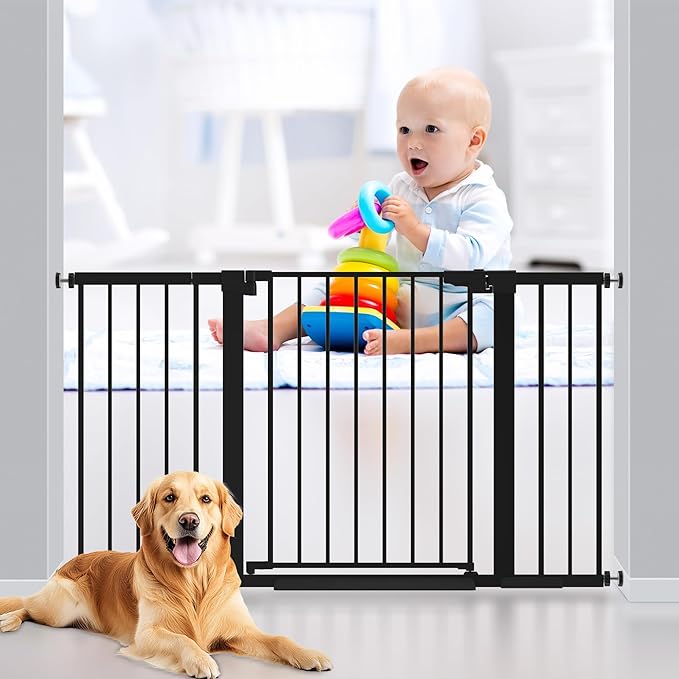 29-54 inches Extra Wide Metal Baby Gate for Stairs/Doorways, 30 inches Tall Pressure Mounted Pet Gates, Auto-Close Child Safety Gate, No Drilling Easy Walk-Through Dog Gate Indoor, Black