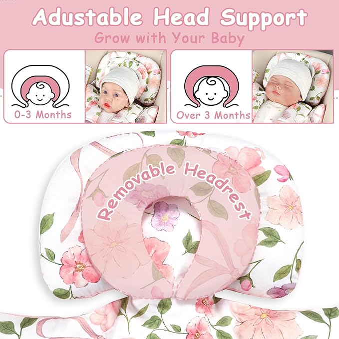 Infant Car Seat Insert with Removable Cushion for Baby Girls, Reversible Newborn Carseat Insert for Baby Head Body Support, Fits for Stroller, Baby Swing, Bouncer (Pink Bow)