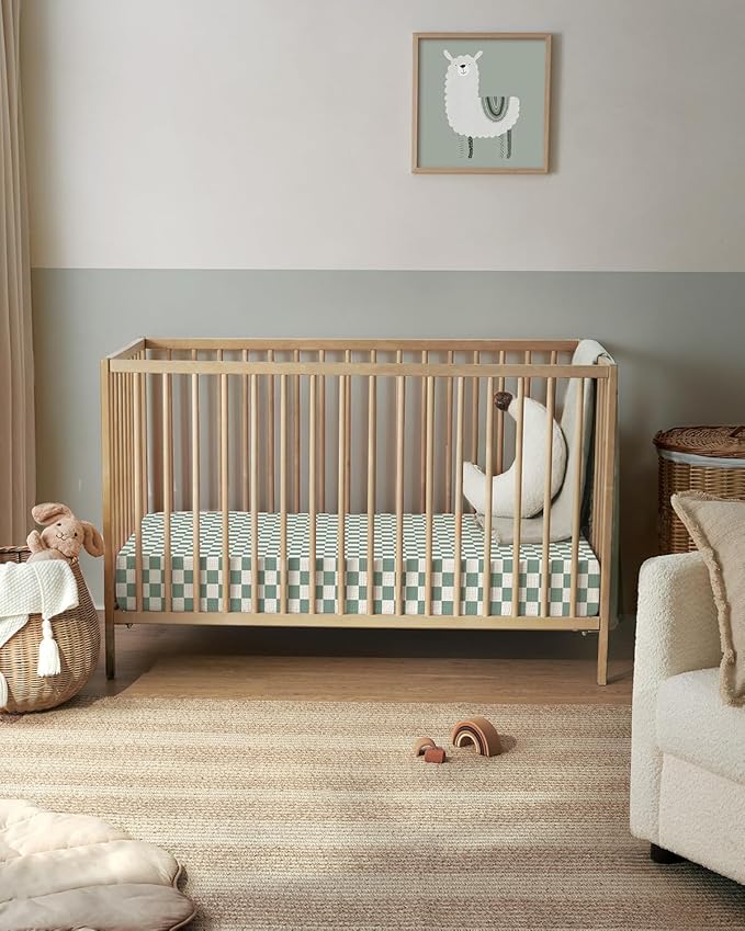 Blissful Diary Muslin Crib Sheets for Girl Boy, Boho Neutral Soft Cotton Baby Sheet for 52''x28'' Standard Crib Mattress, 2 Pack(Sage Checkboard & Sage Green)