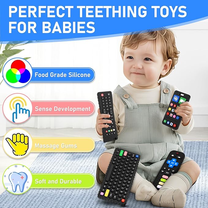 Teething Toys for Baby 3 6 12 18 Months, TV Remote Control Phone Baby Teether Toys, Babies Chew Toys, Food Grade Silicone Teething Toys for Infants, BPA Free, for Babies Gum Relief