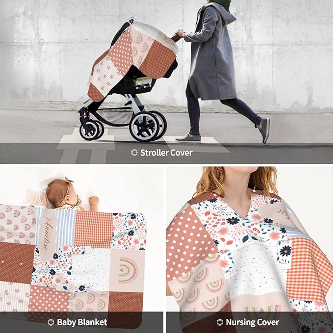 Personalized Colorful Rainbow Baby Car Seat Canopy for Babies with Name, Custom Rainbow Car Seat Covers for Girls, Opening Minky Nursing Breastfeeding Cover Infant Carseat Canopies for Newborn