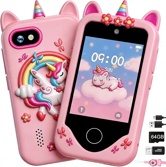 Kids Smart Phone for Girls, Touchscreen, 64GB Card Birthday Gifts for Girls Age 3, 4, 5, 6, 7, 8, 10 Year Old, Toddler Educational Learning Toys Phone with Dual Camera, Game, Music Player