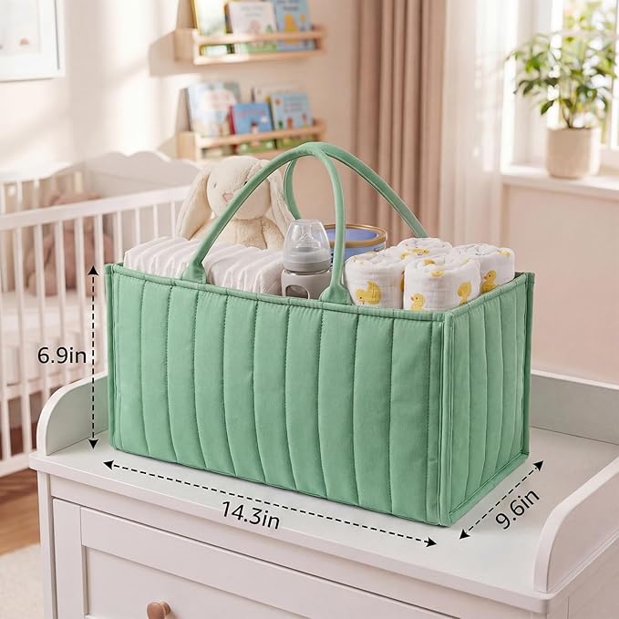 Green Diaper Caddy Organizer for Changing Table, Nursery Storage Basket for Diaper Stations with Removable Dividers, Newborn Baby Essentials & Registry Must Haves, Gift for Baby Shower
