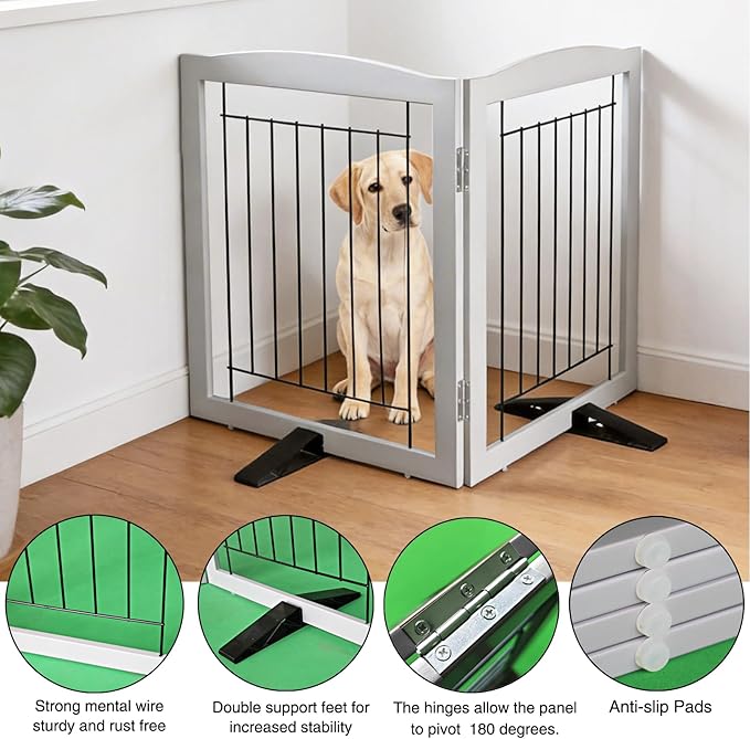ZJSF Freestanding Dog Fence Indoor, Foldable Dog Gate for Doorways, Stairs or Hallways, Sturdy Wood Extra Wide Pet Gate with Support Feet for The House, Grey, 32 "Height-2 Panels