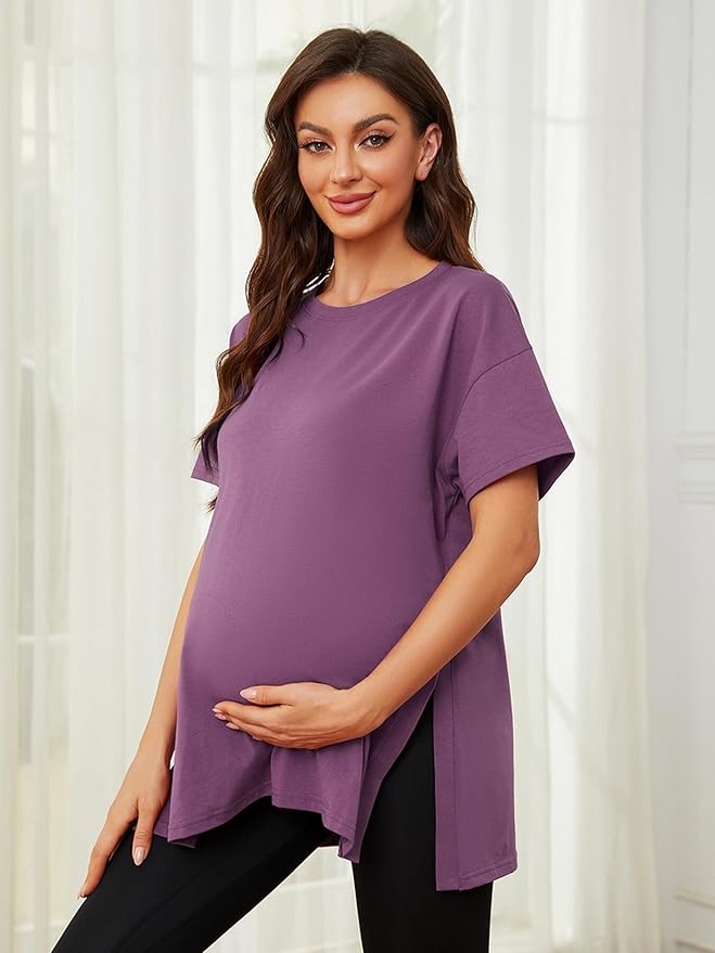 Ecavus Women's Casual Maternity Shirts Split Side Pregnancy Tops Blouses Short Sleeve Loose Fit Maternity Clothes