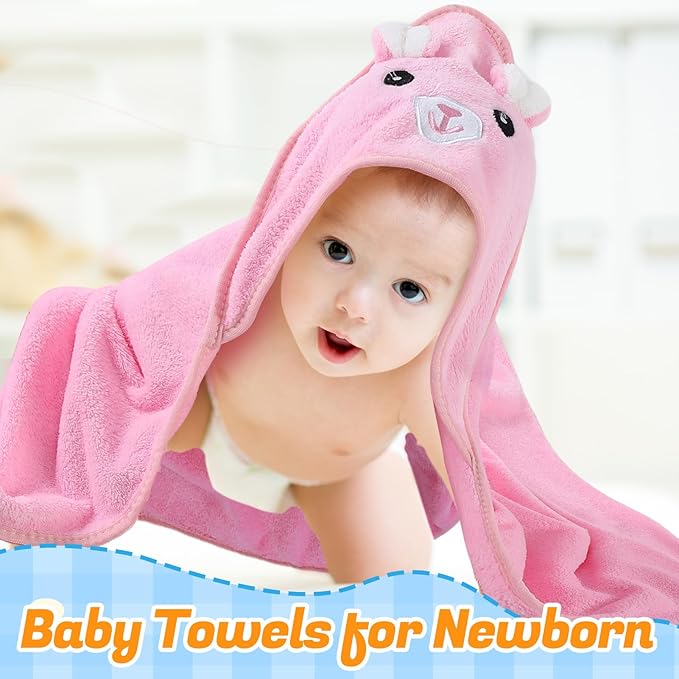 12 Pcs Baby Bath Towels Set, 3 Pcs Animal Hooded Baby Towels and 9 Pcs Washcloths Set for Newborn Infants Toddlers Ultra Absorbent Cute Soft Baby Towels for Boys Girls 31x31 inch