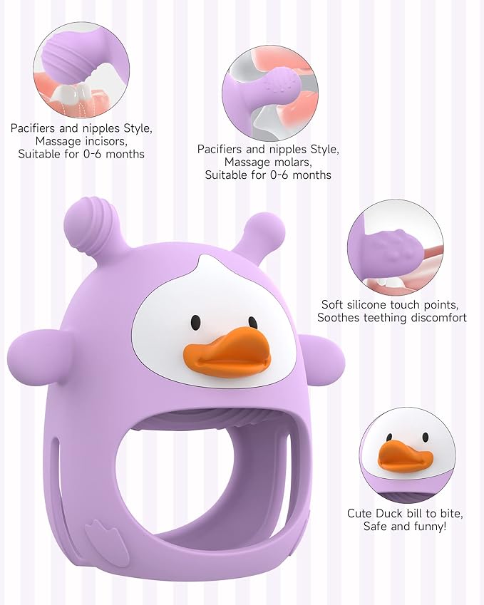 Never Drop Silicone Baby Teether, Hand Pacifier for Sucking Babies 0-6 Months, Soothing Pain Relief, Best Chew Toy, Teething Mitten for New Born - Purple