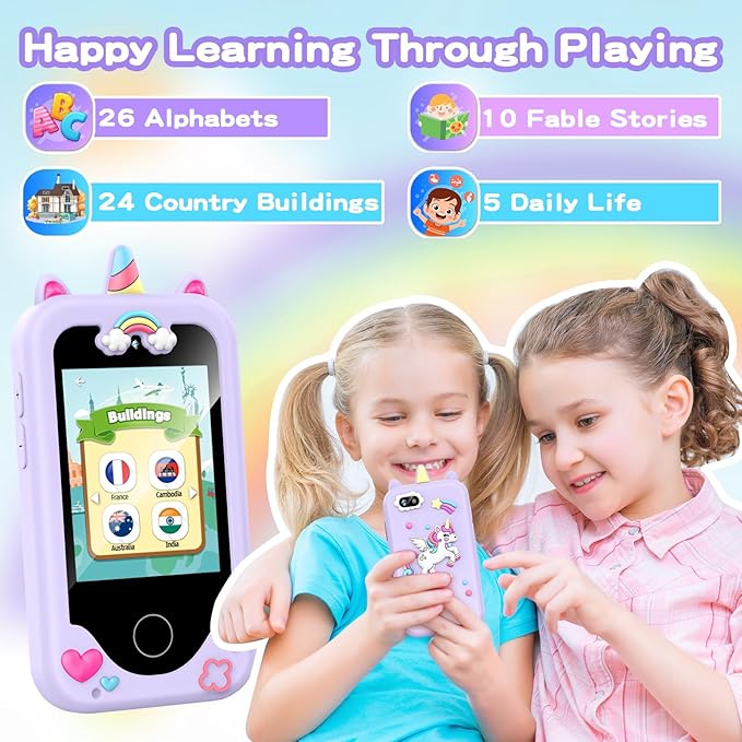 Kids Phone for Girls, Toddler Smart Phone for Girl 3 4 5 6 7 8 Years Old, Birthday Gift for Age 3-8, Pretend Play Phones with Educational Games, MP3 Music Player, Learning Toys for Boys(Purple)