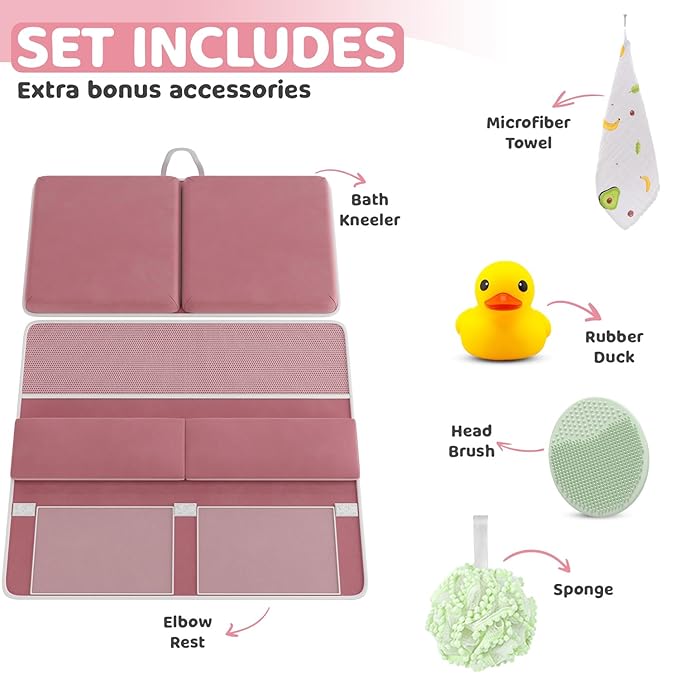 Sleepah Bath Kneeler and Elbow Kneeling Rest Pad Set for Baby Bathing – Waterproof Soft Memory Foam Mat Organizer Babies & Toddler Bathing Time Toys Sponge (Pink)