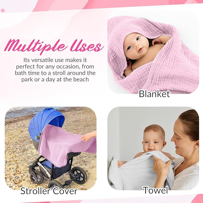 6 Pcs Muslin Hooded Bath Towels Washcloths and Bibs Set, Muslin Cotton Baby Towels Absorbent Hooded Blanket Towel Infant Bibs for Boys Girls Newborn Infant Essential(White, Pink)