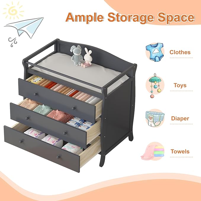 Wooden Diaper Changing Table, Baby Diaper Changing Station Infant Nursing Table with 3 Drawers, Safety Rail & Strap, Modern Baby Changing Table for Bedroom, Nursery