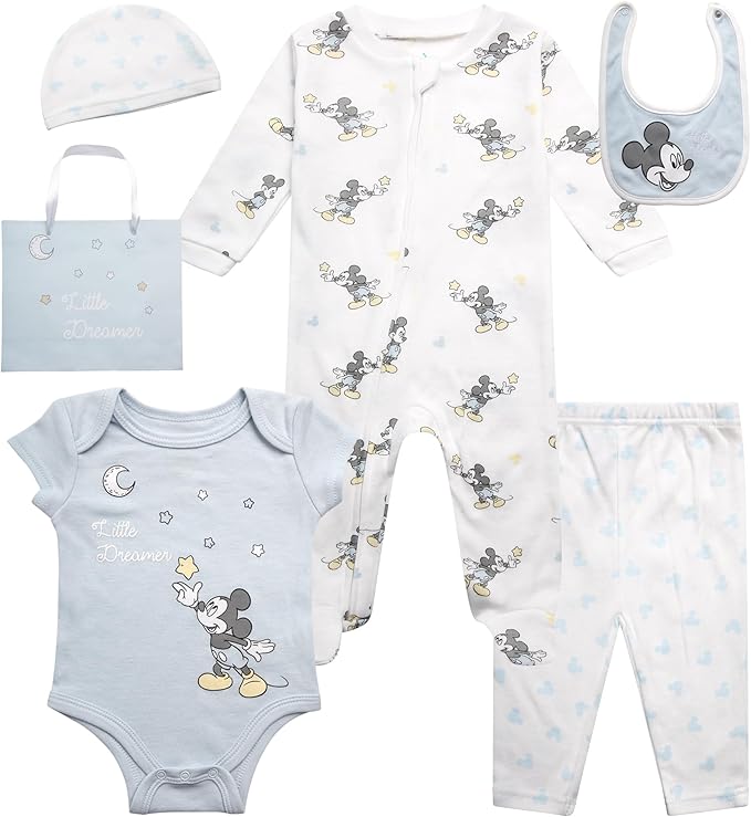 Disney Newborn Baby Girl Boy Clothes - 7 Piece Mickey Mouse Winnie the Pooh Bib Onesie Overall Beanie Pants Gift Bag Gift Set