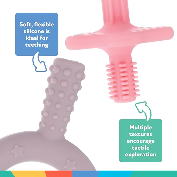 Nuby Hollow Tube Silicone Teething Toy - (2-Pack) Baby Teething Sticks - 3+ Months - Purple and Pink